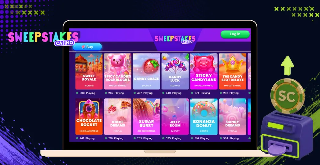 Sweepstakes Casino candy slots screen on laptop with SC coin icon.
