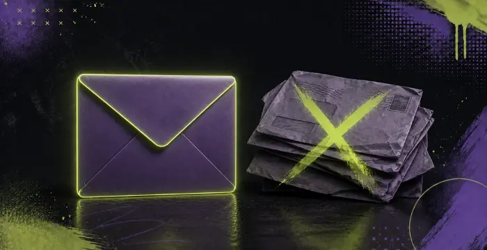 Glowing purple envelope beside stack of mail marked with yellow X