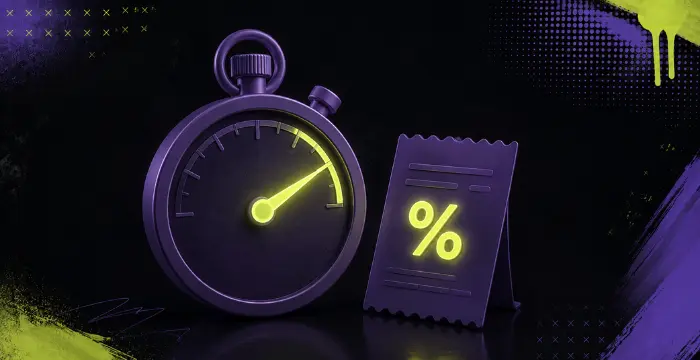 Purple stopwatch with glowing needle next to percent receipt on dark background
