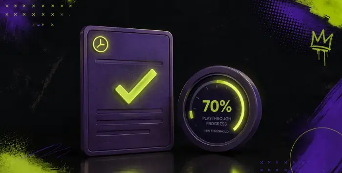 Purple 21+ location card, star ribbon, and phone displaying Wow Vegas social casino app