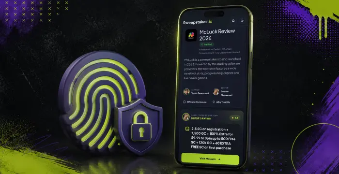 Phone showing Sweepstakes.io McLuck Review 2026 with fingerprint shield
