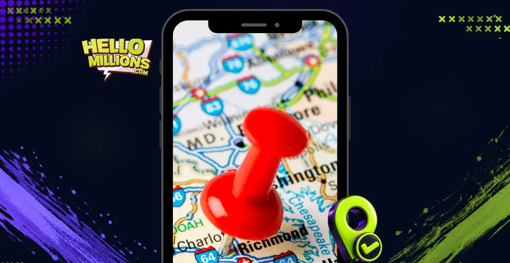 Hello Millions location map on phone with red pin and checkmark.