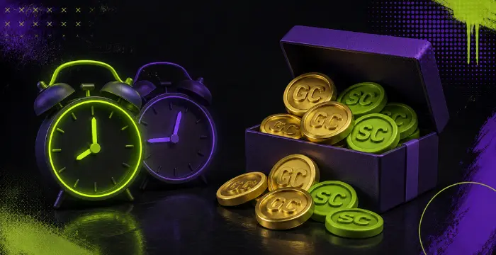 Two glowing alarm clocks next to open box of GC and SC coins