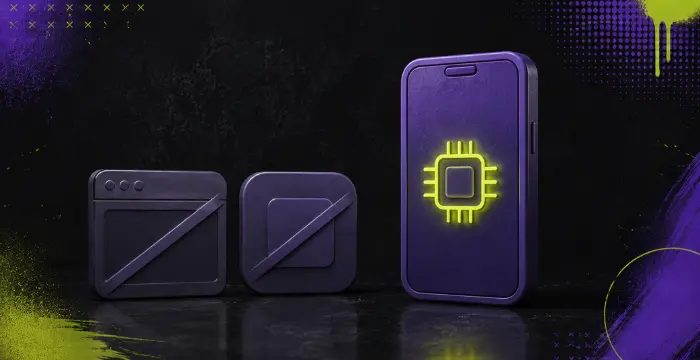 Crossed-out browser icons next to phone with glowing chip symbol