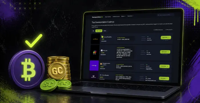 Laptop showing Top Sweepstakes Casinos with Bitcoin, GC and SC coins
