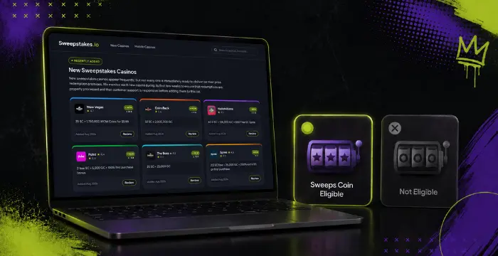 Laptop showing Sweepstakes.io casinos list beside SweepsCoin Eligible and Not Eligible cards