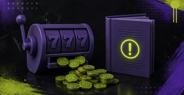 Purple slot machine showing 777 spilling SC coins beside book with exclamation mark
