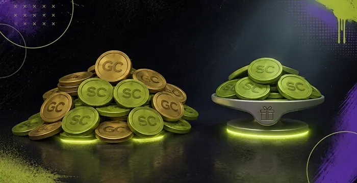 GC and SC coin value image with coin pile and reward scale.