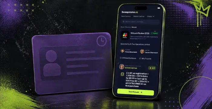 Purple ID card with clock icon next to phone displaying McLuck Review 2026