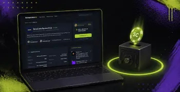 Laptop showing Sweepstakes.io Bang! Casino Review 2025 with glowing SC cube