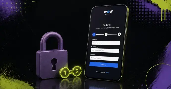 Purple padlock with numbered keys next to phone displaying Wow Vegas registration form