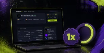 Laptop showing Sweepstakes.io review next to purple 1x badge and glowing progress ring