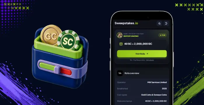 Wallet with GC and SC coins next to phone displaying Rolla bonus
