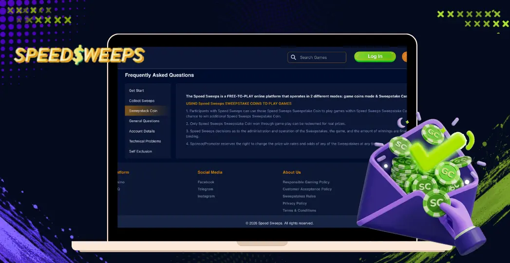 SpeedSweeps FAQ screen on laptop with SC coin envelope.
