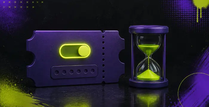 Purple ticket with glowing switch beside hourglass with green sand
