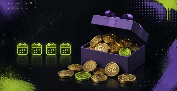 Four calendars next to open purple box overflowing with GC SC coins