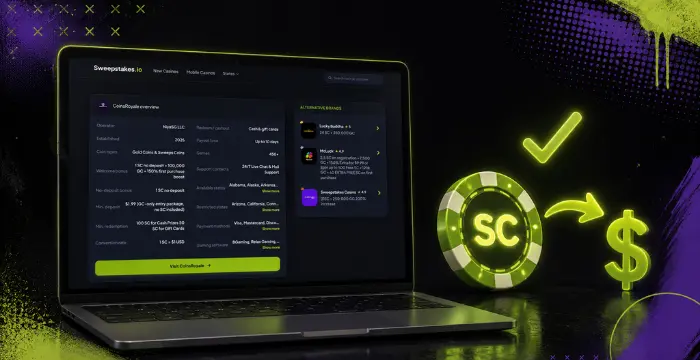 Laptop showing Sweepstakes.io CoinsRoyale review with SC chip to cash