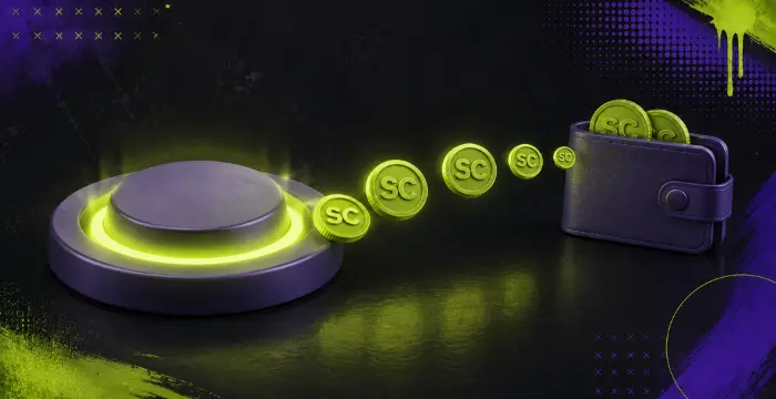 Glowing platform sending SC coins into a purple wallet on dark background