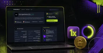 Laptop showing Sweepstakes.io White Vegas Review 2025 page with 3D icons