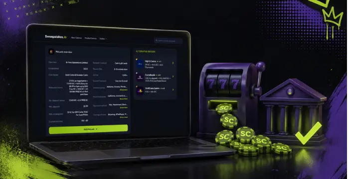 Laptop showing Sweepstakes.io McLuck overview next to 777 slot, SC coins, bank and checkmark