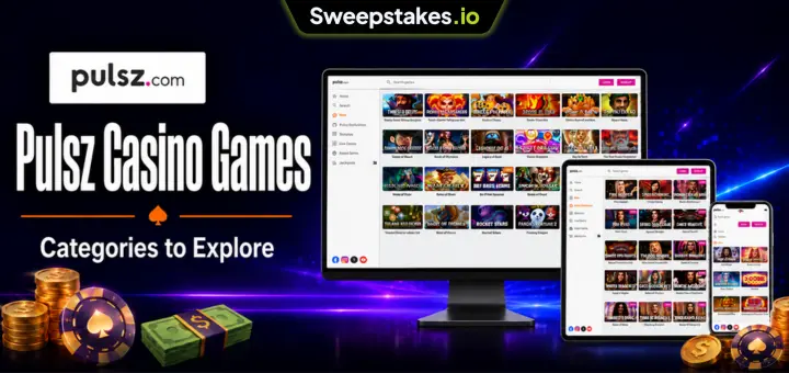 Pulsz casino games banner with desktop, tablet, and mobile game grids.