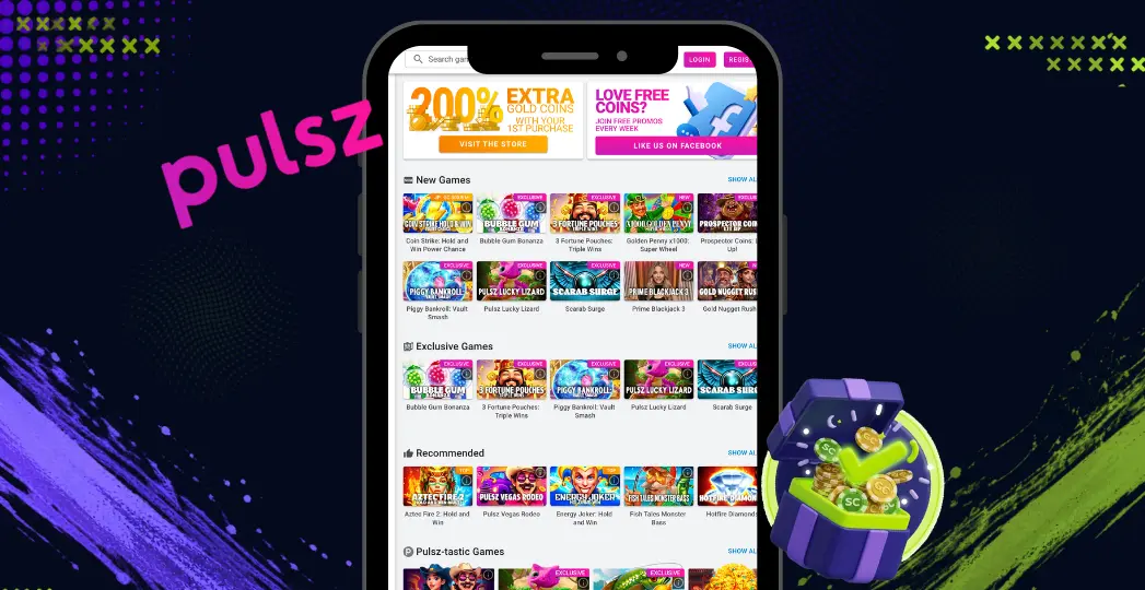 Pulsz mobile game lobby with bonus chest and SC coins.