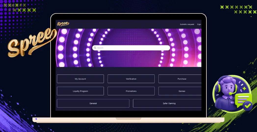 Spree help center screen on laptop with support icon.
