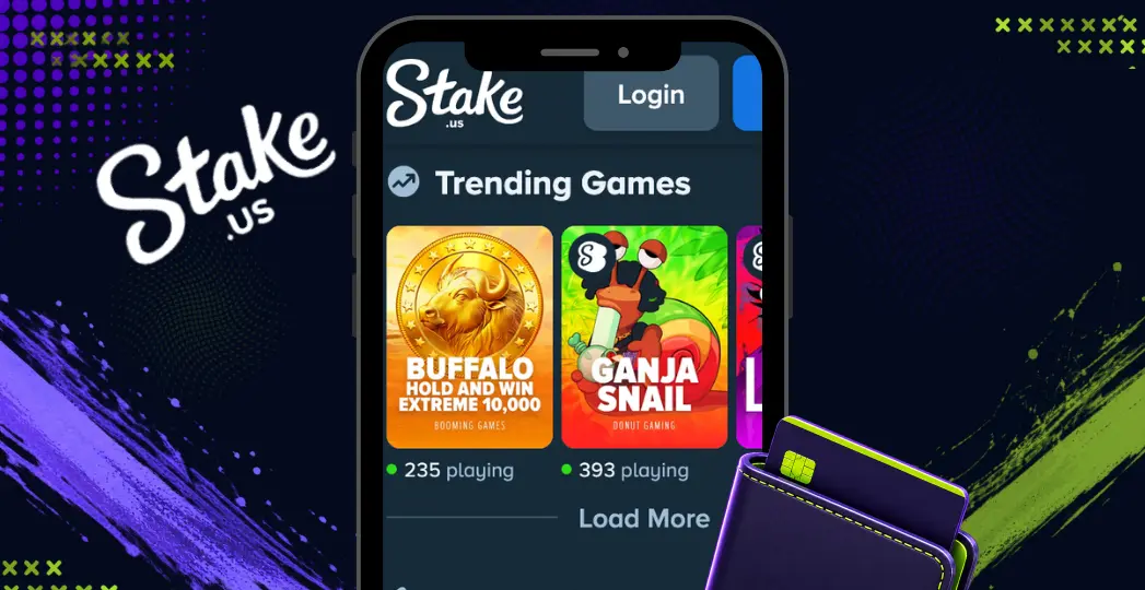 Stake.us trending games screen on mobile with wallet and game cards.