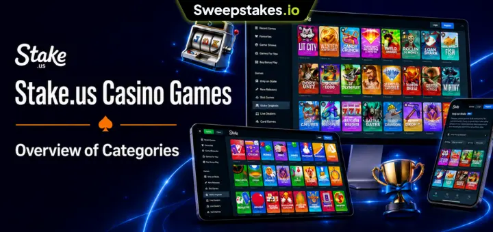 Stake.us casino games banner with desktop, tablet, and mobile game grids.