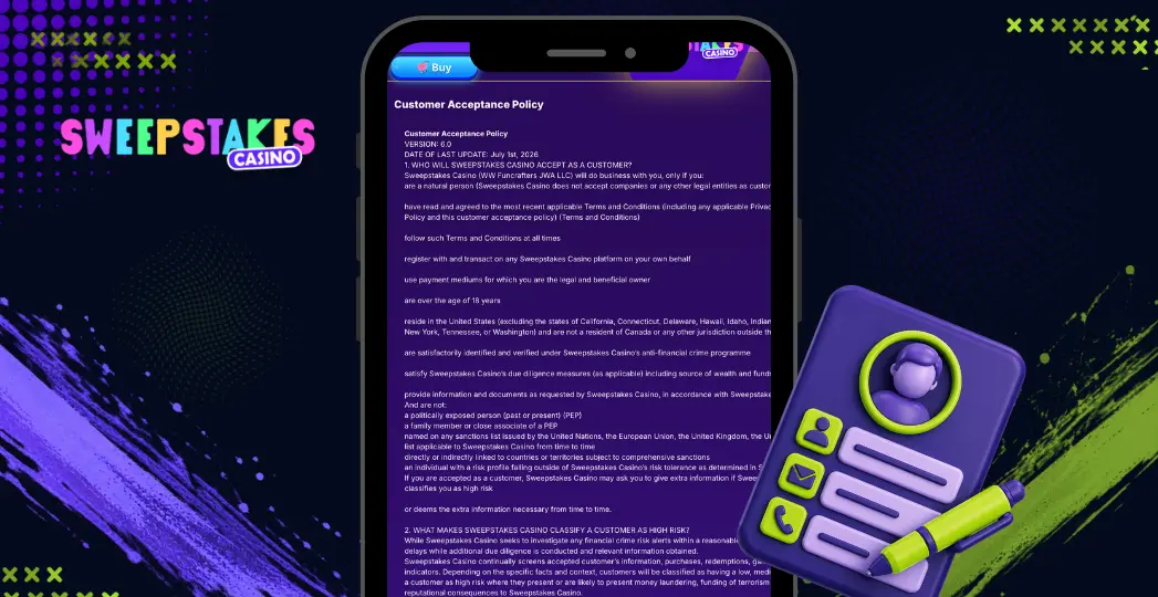 Sweepstakes Casino customer acceptance policy on mobile with ID checklist.