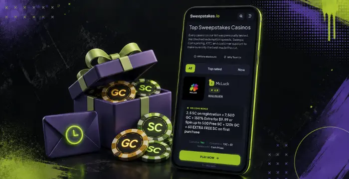 Open gift box of GC/SC chips and envelope beside phone with top Sweepstakes casinos