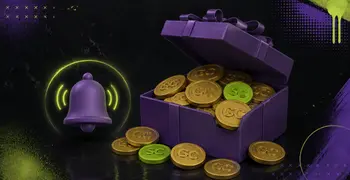 Glowing purple bell and open chest full of gold SC coins