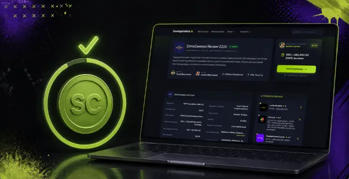 Laptop showing Sweepstakes.io DimeSweeps Review 2026 with SC checkmark