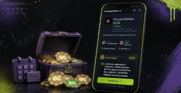 Open treasure chest of GC/SC coins beside phone showing McLuck Review 2026