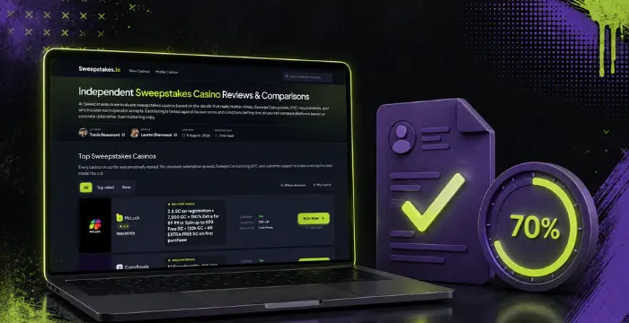 Laptop showing Sweepstakes.io casino reviews next to checkmark document and 70% gauge