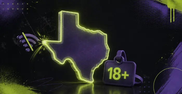 Glowing Texas outline with WiFi signal next to purple 18+ age restriction tag
