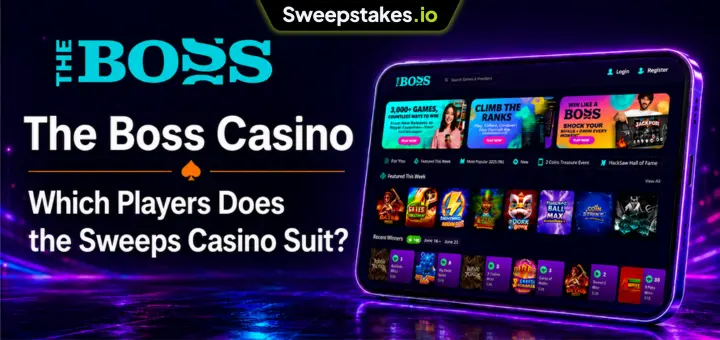 The Boss Casino lobby screenshot with game categories, promo banners, and featured games grid.