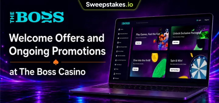 The Boss Casino promotions banner with laptop promo grid and purple sweepstakes branding.