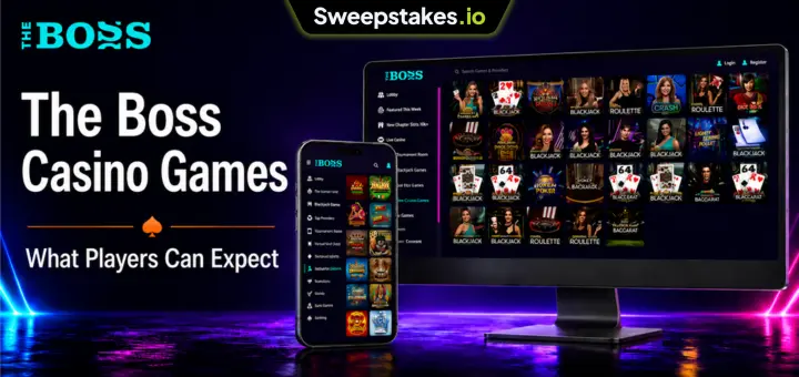 The Boss Casino games banner with desktop and mobile game grids.
