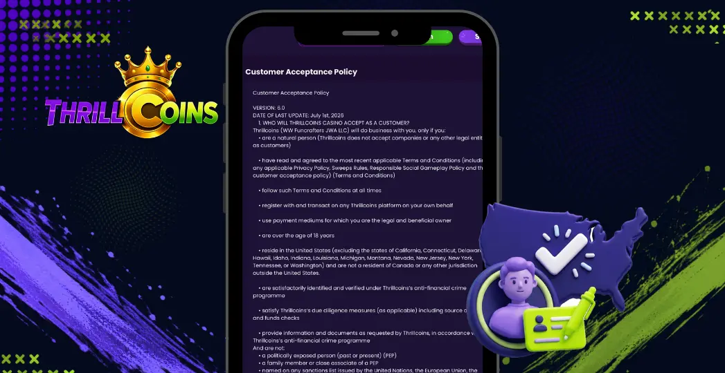 ThrillCoins website policy page displayed on smartphone interface