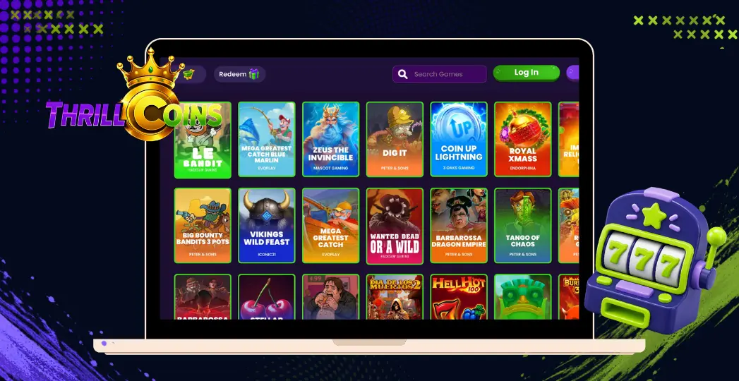 ThrillCoins casino lobby on laptop with slot games and slot machine icon.