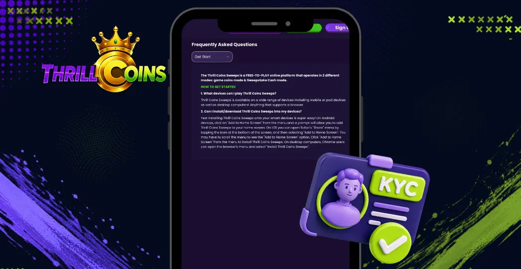 ThrillCoins FAQ screen on mobile with KYC ID card and checkmark.