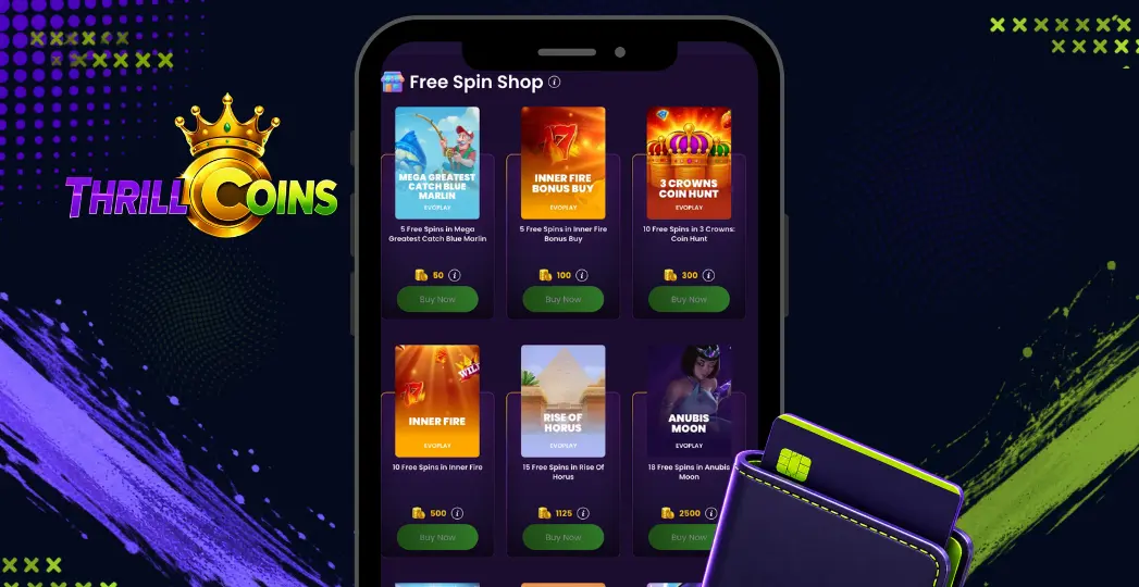 ThrillCoins free spin shop on mobile with wallet and game rewards.