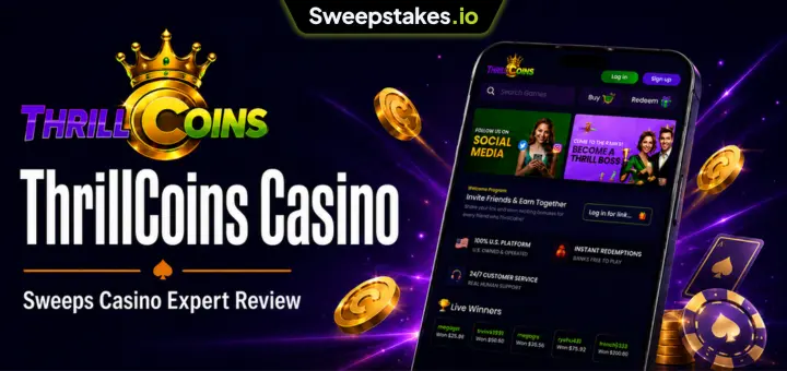 ThrillCoins Casino review banner with mobile phone, coins, and sweepstakes branding.