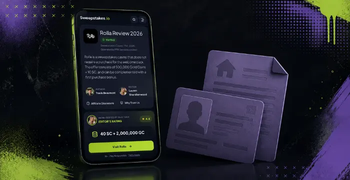 Phone displaying Rolla Review 2026 beside purple ID documents