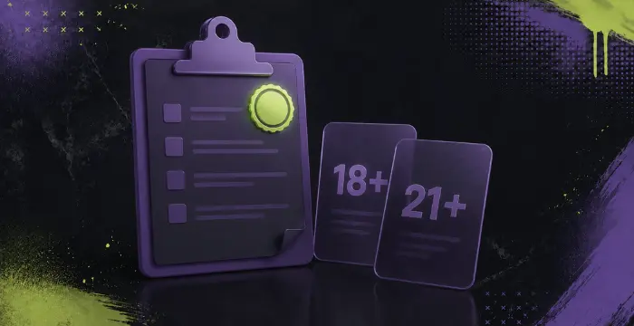 Purple clipboard checklist with 18+ and 21+ age restriction cards