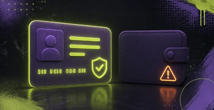 Secure identity card and digital wallet with verification and warning icons