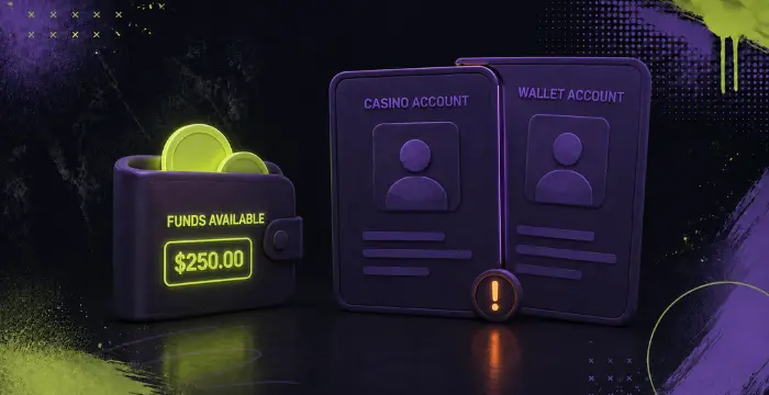 Casino and wallet accounts with $250 available funds and warning icon