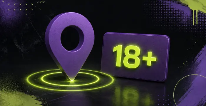 Purple location pin beside glowing 18+ age restriction sign