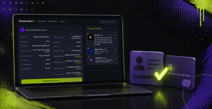 Laptop showing Sweepstakes.io overview next to ID card, credit card and green checkmark